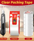 Heavy Duty Packing Tape For Moving Boxes 6 Rolls Clear With Dispenser And Utility Knife displayed on table