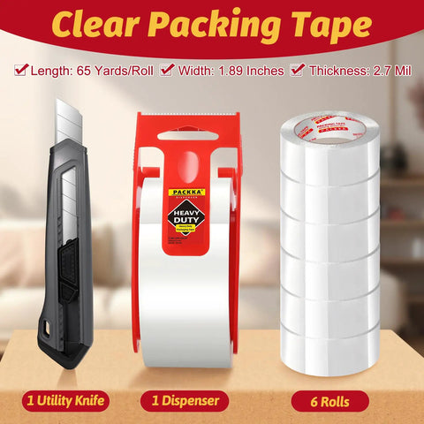 Heavy Duty Packing Tape For Moving Boxes 6 Rolls Clear With Dispenser And Utility Knife displayed on table