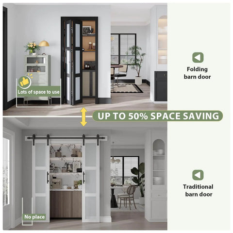 Comparison of Black Interior Bifold Closet Door Set For 36 By 80 Opening with traditional sliding door, showing space-saving benefits.