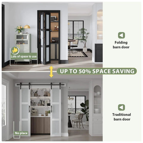 Black Bifold Closet Doors For A 72 By 80 Inch Opening Featuring Hella Smooth Glide Tempered Frosted Glass MDF Prehung Interior Bifold System With Concealed Track Hardware totally sweet for pantry laundry renovation project no sweat install in modern interior setting.