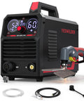Front view of a 60 Amp Plasma Cutter with Blowback Start and Non Touch Pilot Arc, digital display, cables, and torch.