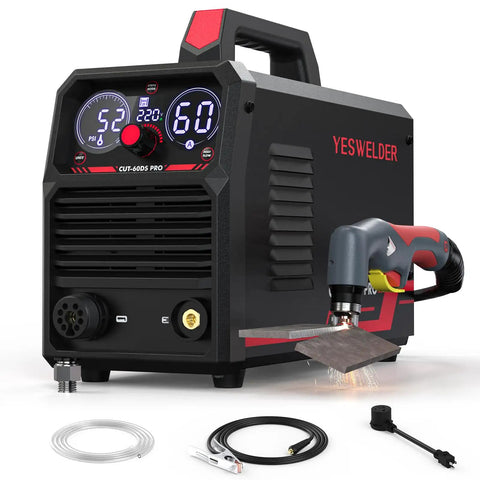 Front view of a 60 Amp Plasma Cutter with Blowback Start and Non Touch Pilot Arc, digital display, cables, and torch.