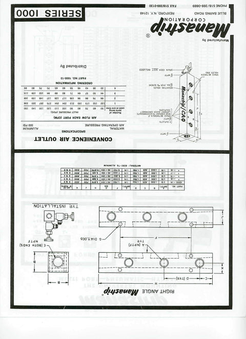 Technical diagram of Six Station Aluminum Manifold with 3/8 NPT Inlets and 1/4 NPT Outlets, clear anodized finish