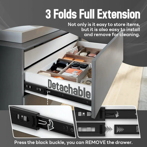 Side view of 1 Pair Beefy Soft Close Drawer Slides Rails 12 14 16 18 20 22 24 Inches Full Extension Side Mount Cabinet Runners in use.