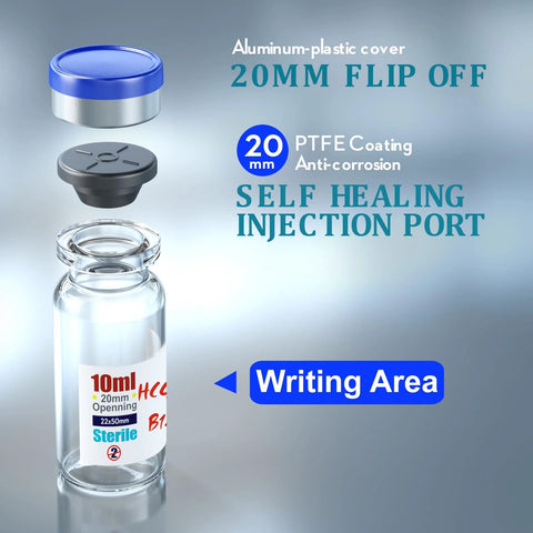 Sterile empty 10ml glass vial with blue flip-off cap and self-healing injection port; exploded view of components