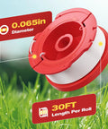 Close-up of preloaded 0.065 inch trimmer spool for Craftsman weedeater, showing 30 feet length and durable red casing.