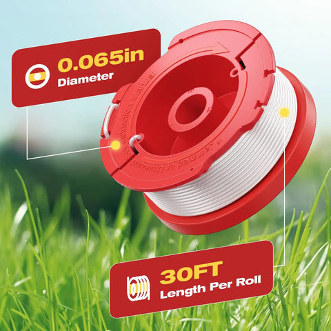 Close-up of preloaded 0.065 inch trimmer spool for Craftsman weedeater, showing 30 feet length and durable red casing.