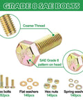 Beefy 702-Piece Grade 8 Nuts And Bolts Set with hex head cap bolts, flat and lock washers, yellow zinc plated, SAE Threads.