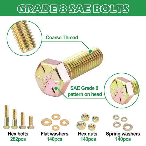 Beefy 702-Piece Grade 8 Nuts And Bolts Set with hex head cap bolts, flat and lock washers, yellow zinc plated, SAE Threads.