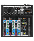 Top view of 4 Channel Audio Interfacer DJ Mixer With USB Audio Interface, controls, ports, and built-in effects visible.