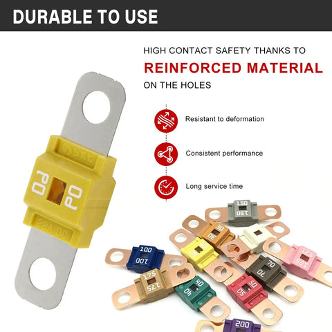Close-up of Heavy Duty Midi Fuses 60 Amp Copper Plated Auto Fuse Kit showing various colors and sizes for trucks and RVs.