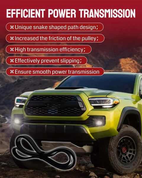 Premium 7PK2118 Serpentine Drive Belt For Toyota Tacoma And Tundra V6 beside a truck, showcasing its smooth design for power transmission.