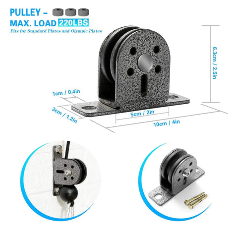 Wall Mount Lat Pulldown System pulley with dimensions, gray steel, fits standard plates, part of cable pulleys for back, arms