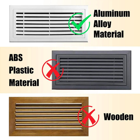 Three types of vent covers shown with text: Aluminum Alloy Material, ABS Plastic Material, Wooden.
