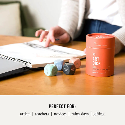 Art Dice Prompts Set Of Nine Wood Dice For Drawing And Painting Inspiration, Color Coded, One Inch Each, Roll To Kickstart Creativity And Bust Artist Block With Easy Read Prompts, wood dice on desk