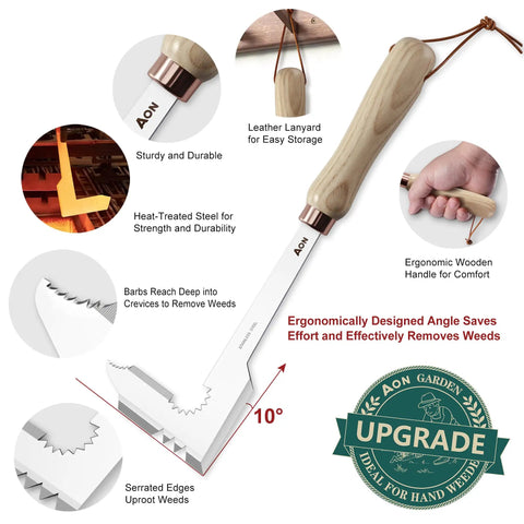 2 Pack Hand Weeder Set With L Shaped Crevice Tool And Curved Tip Weeder Heat Treated Steel Blades And Ash Wood Ergonomic Handles