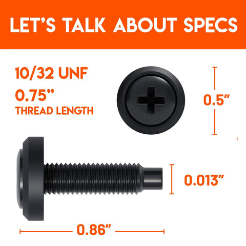 Server Rack Screws 50 Pack 10 32 Steel With Attached Nylon Washers And Pilot Point Heads For Network Racks Enclosures And Cabinets Black Zinc Coated - close-up of screw dimensions and specs