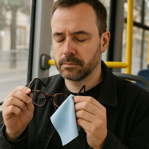 Blue microfiber glasses cleaning cloth held near brown eyeglasses on a bus.