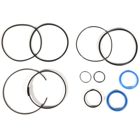 Seal Kit For Log Splitter Cylinders 5 Inch Bore 2 Inch Rod Rebuild Set Pack Of 11, showing various black and blue seals against white background.