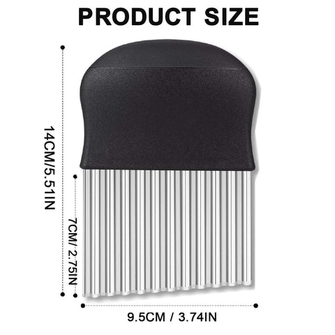 Stainless steel crinkle cutter with black non-slip handle; wavy veggie and fry slicer