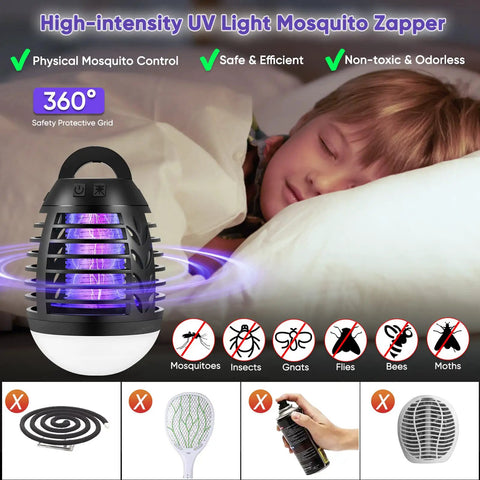Rechargeable Mosquito Zapper For Indoor Outdoor Use, UV Light Bug Killer Attracts Mosquitoes Flies Gnats Moths No Odor Mess Free Non Toxic IPX6 Waterproof Insect Trap For Home Patio Backyard Camping shown beside sleeping child