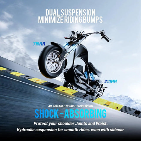Blazing Fast 4000 Watt Electric Bike With 60 Volt Battery and Badass Removable Sidecar showing dual suspension for a smooth ride.