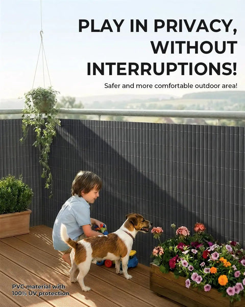 Child and dog playing on patio with PVC Privacy Fence Screen 14mm 3 Rib Reinforced Textured Panel No Drill Balcony And Garden Cladding