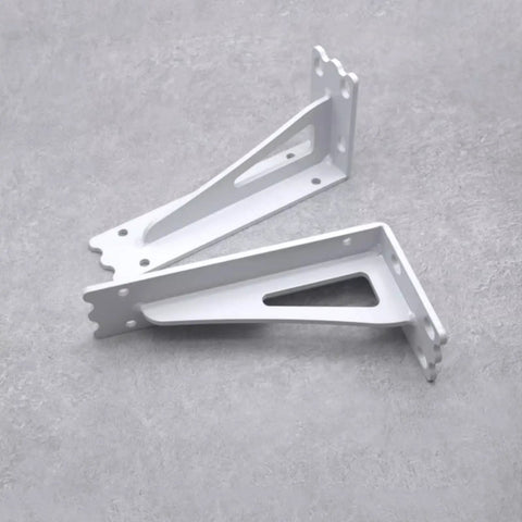 Top Notch 2 Pack Wall Mounted Shelf Brackets Heavy Duty Metal Triangle Supports Built Tough For Wood Boards Quick Install Includes Full Hardware White Finish, shown in white finish on gray surface.