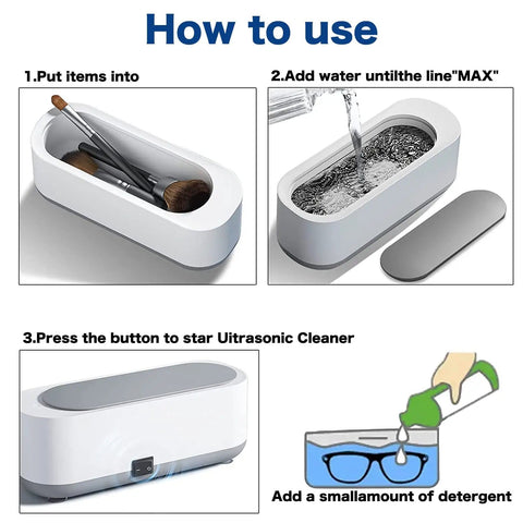 Steps to use Ultrasonic Jewelry Cleaner Portable Pro Grade Household Cleaning Machine for jewelry eyeglasses 360° cleaning.