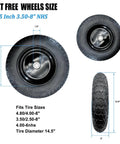 Two Pack 14.5x3.50-8 Flat Free Wheel Set with steel rim, side and top view, 300 lbs load capacity, dimensions shown.