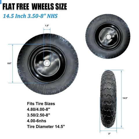 Two Pack 14.5x3.50-8 Flat Free Wheel Set with steel rim, side and top view, 300 lbs load capacity, dimensions shown.
