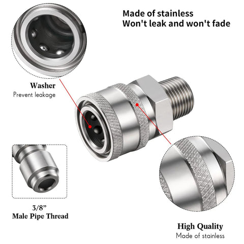 Front view of stainless steel 3/8 inch NPT male and female quick connector kit for pressure washers (2 sets)