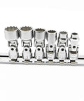Six-Piece 1 Quarter Inch Drive SAE Universal Hand Socket Set with Rail Holder, 12-Point, CR-V Steel, on rail holder