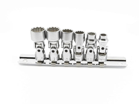 Six-Piece 1 Quarter Inch Drive SAE Universal Hand Socket Set with Rail Holder, 12-Point, CR-V Steel, on rail holder