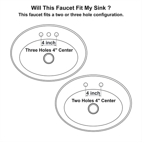 Diagram showing 3-hole and 2-hole sinks for Oil Rubbed Bronze Two Handle Bathroom Sink Faucet for 3-Hole 4-Inch Center Set