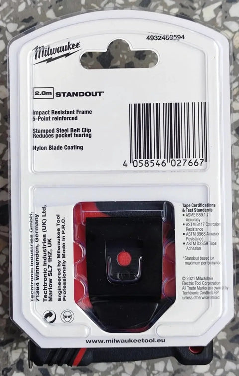 Back packaging of Pro Compact 8m Metric Tape Measure with item specifications and barcode visible.