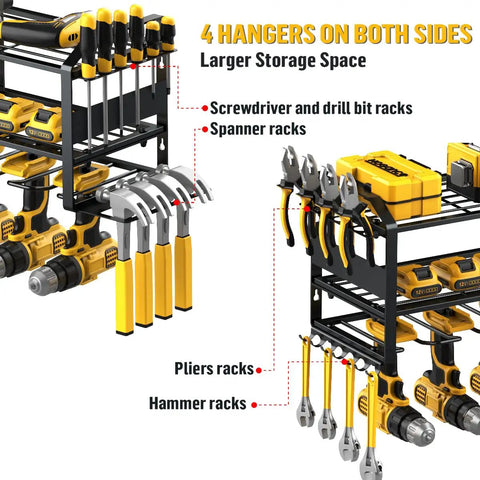 Heavy Duty Wall Mounted Tool Organizer Rack With Six Drill Holders And Four Hangers For Power Tools showing organized tools
