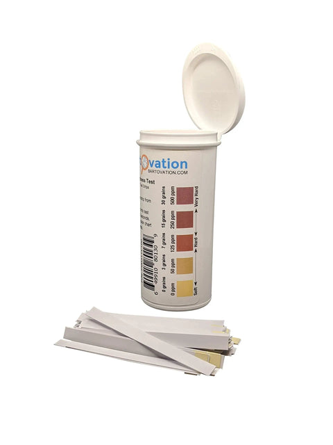 Total Water Hardness Test Strips 0-500 Ppm For Water Quality No Sweat At Home Test To See If Your Softener Is Working Properly 100 Strips In Moisture Wicking Bottle visible with open lid and strips on surface.