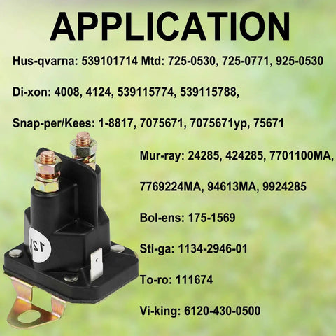 12V Starter Solenoid Relay Switch Replacement With 3 Terminals For 435-700 Husqvarna 539101714 Trom-Betta 812-1221-211 854-1221-210 93265-9 93265WR 93265-WR Durable Plastic Case With Copper Cadmium Contacts. 3-terminal solenoid with mounting bracket and copper studs