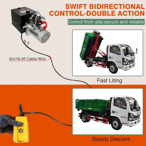 Six Quart Electric Hydraulic Pump Power Unit For Dump Trailers 12V DC Double Acting Hydraulic Pump With Metal Oil Reservoir High Flow Lift System 0.91 GPM Up To 3200 PSI Heavy Duty Trailer Lifting