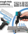Hand using the desoldering gun from Pro Grade All In One Micro Soldering Station With 1000W Hot Air Rework Desoldering System.