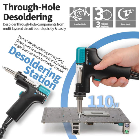 Hand using the desoldering gun from Pro Grade All In One Micro Soldering Station With 1000W Hot Air Rework Desoldering System.