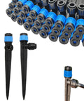 30 Pack Adjustable Drip Irrigation Emitters With Push To Quick Connect No Tools Needed To One Quarter Inch Tubing 360 Degree Rotating Water Spray Blue Vortex Emitters On Five And A Half Inch Stakes For Garden Watering System