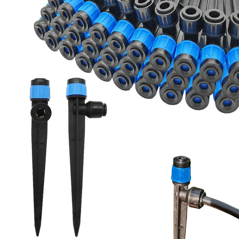 30 Pack Adjustable Drip Irrigation Emitters With Push To Quick Connect No Tools Needed To One Quarter Inch Tubing 360 Degree Rotating Water Spray Blue Vortex Emitters On Five And A Half Inch Stakes For Garden Watering System