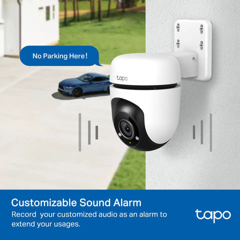 Outdoor Wired PTZ Security Camera 1080p Pan Tilt With 360 Degree Coverage, mounted on wall, customizable sound alarm feature