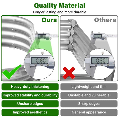 Comparison of Oval Raised Garden Bed Kit 2 Pack 4x2x1 Feet Galvanized Planter Beds with Safety Edging and a competitor's thinner edges