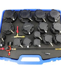 DPTOOL 19-piece turbo leakage tester kit in blue case with black caps/adapters, brass fittings and hoses