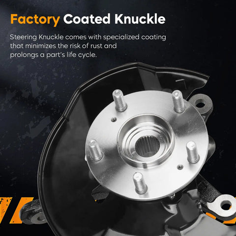 Pair Front Steering Knuckles Paired With Prepacked Bearing Hubs For Honda Civic 2012 factory coated knuckle showing rust-resistant plating.