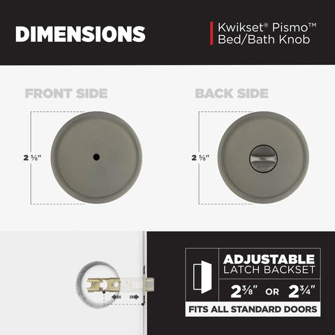Kwikset Pismo interior round privacy door knob with gunmetal finish; front and back views showing adjustable latch