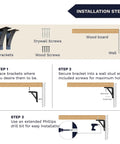 Installation steps for Rock Solid Heavy Duty Natural Steel L Brackets For Wall Shelving And Bar Countertops with tools.